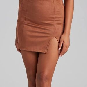 Windsor Brown Asymmetrical Pencil Mini Skirt